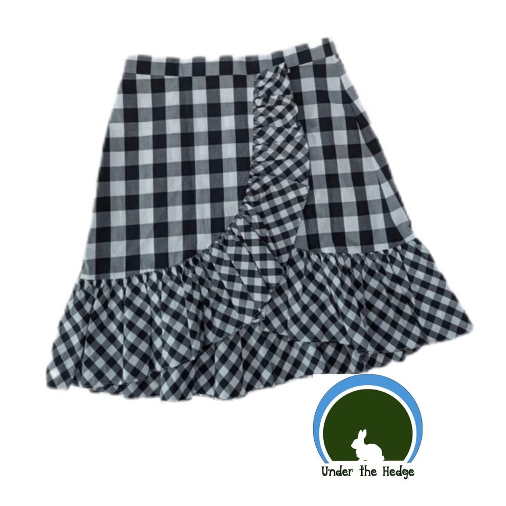 J Crew Black Gingham Check Ruffle Faux Wrap Skirt Size 0 Cotton o2